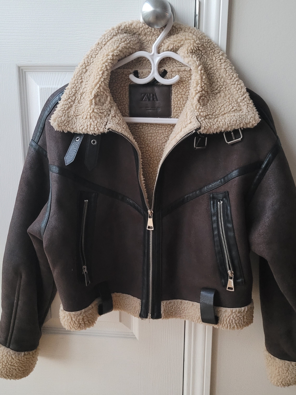 Zara Women's Dark Brown Aviator Jacket with Cream Sherpa